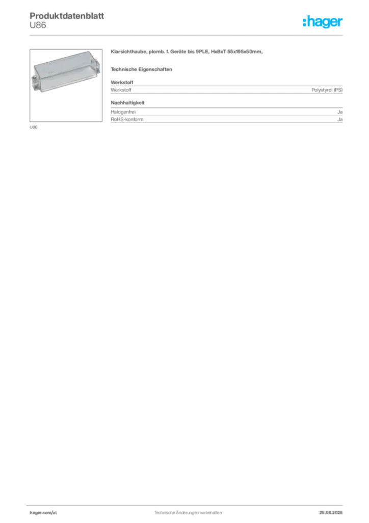 Bild Hager Produktdatenblatt U86 | Hager Deutschland