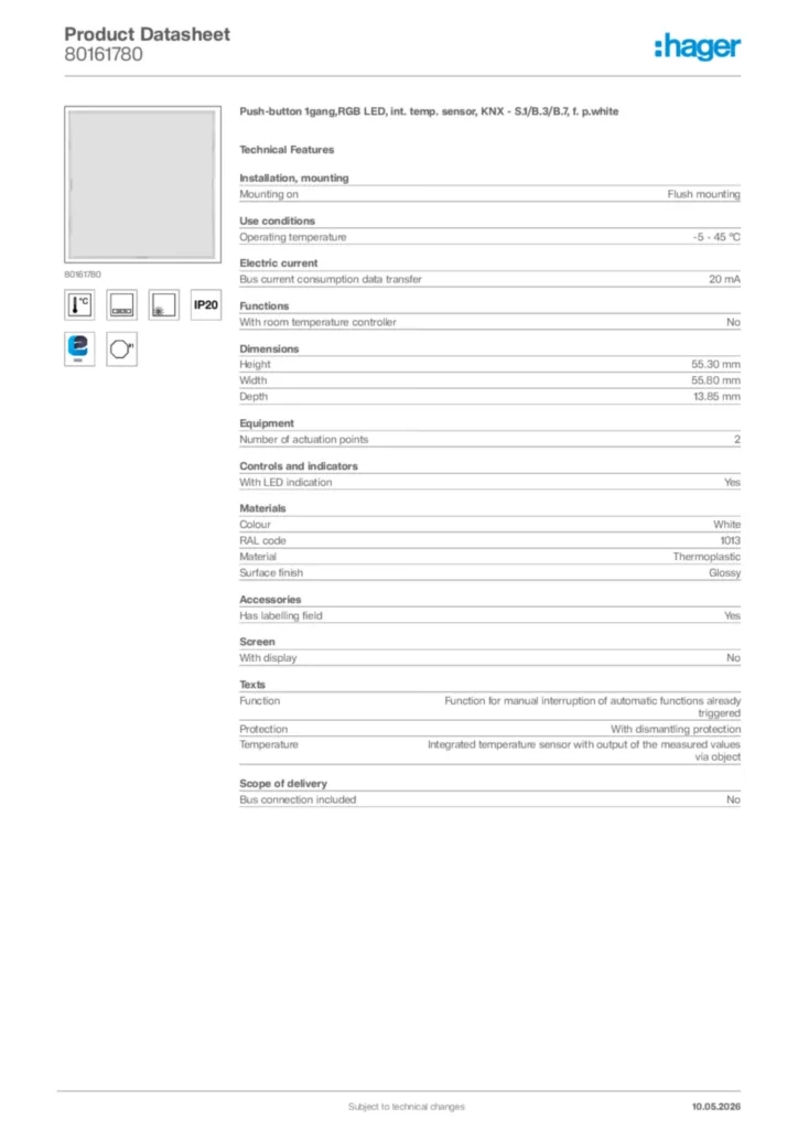 Image Hager Product data sheet 80161780  | Hager Africa