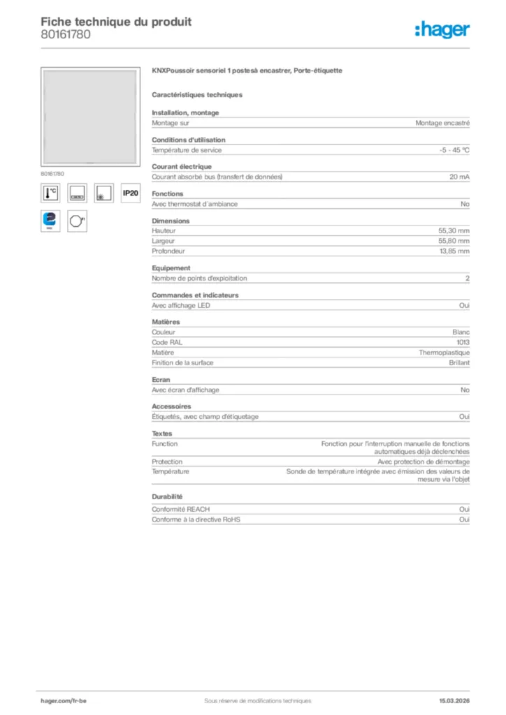 Image Hager Fiche technique du produit 80161780 | Hager Belgique