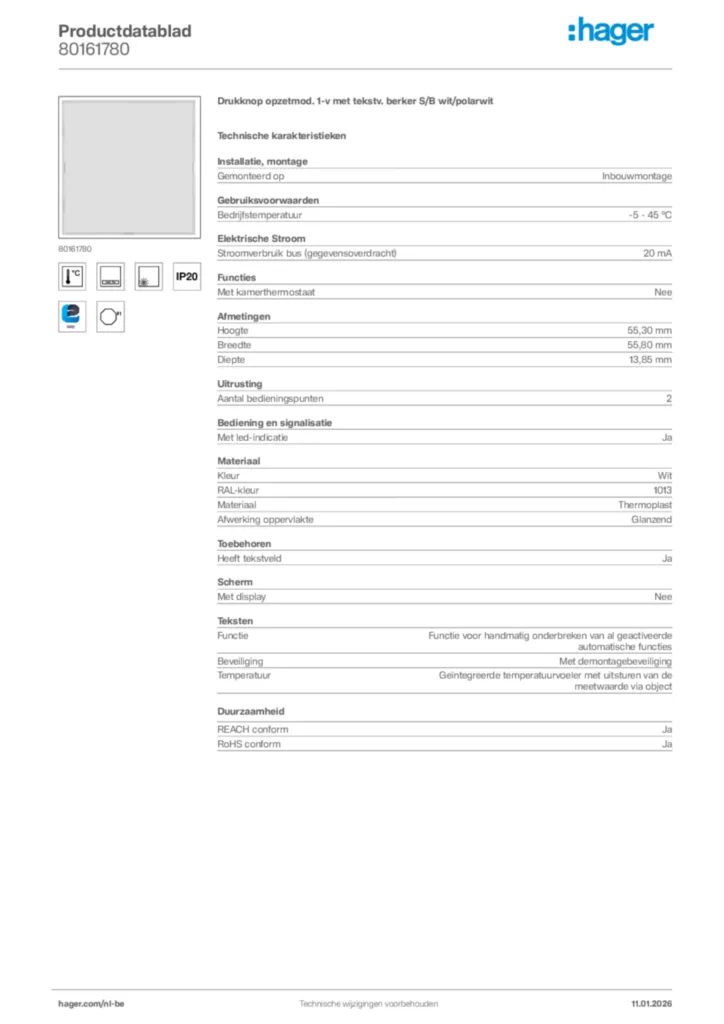 Afbeelding Hager Productdatablad 80161780 | Hager Belgium