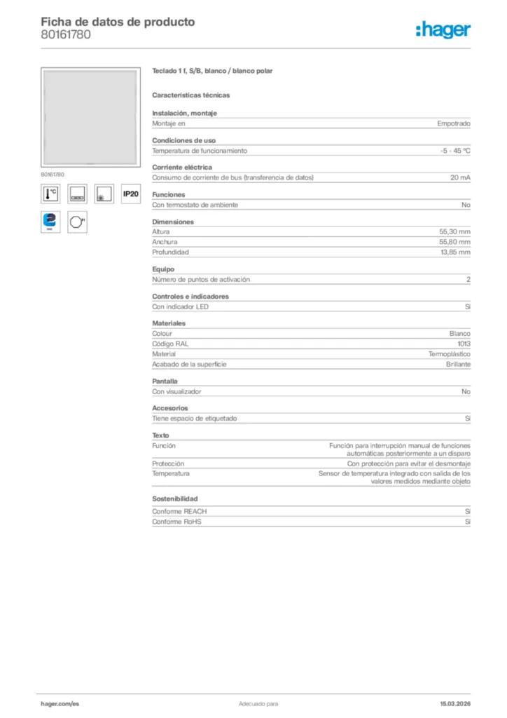 Imagen Hager Ficha de datos de producto 80161780 | Hager España