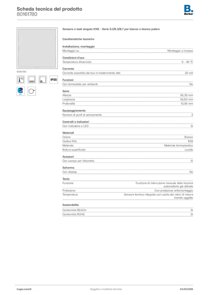 Immagine Berker Scheda tecnica del prodotto 80161780 | Hager Italia