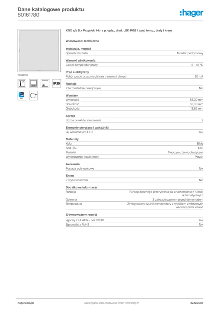 Zdjęcie Hager Dane katalogowe produktu 80161780 | Hager Polska