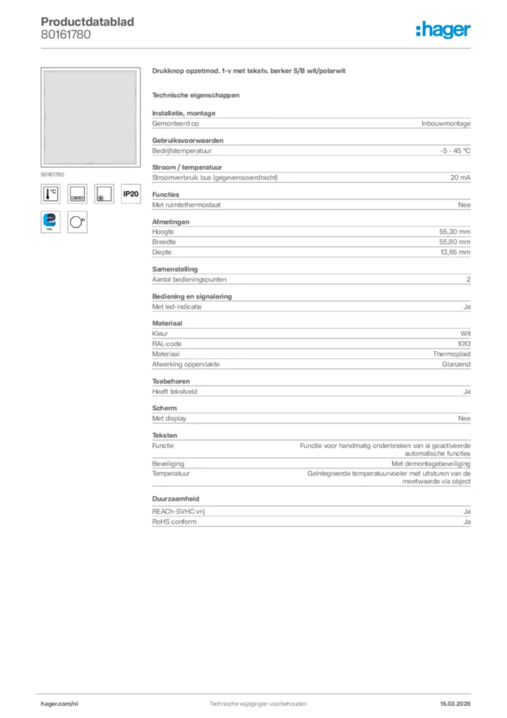 Afbeelding Hager Productdatablad 80161780 | Hager Nederland