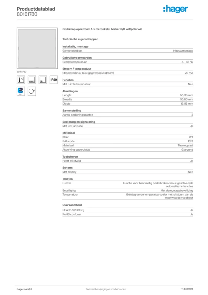 Afbeelding Hager Productdatablad 80161780 | Hager Nederland