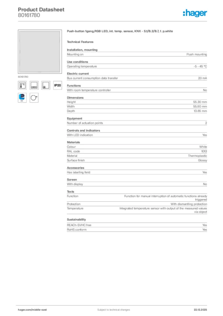 Image Hager Product data sheet 80161780  | Hager