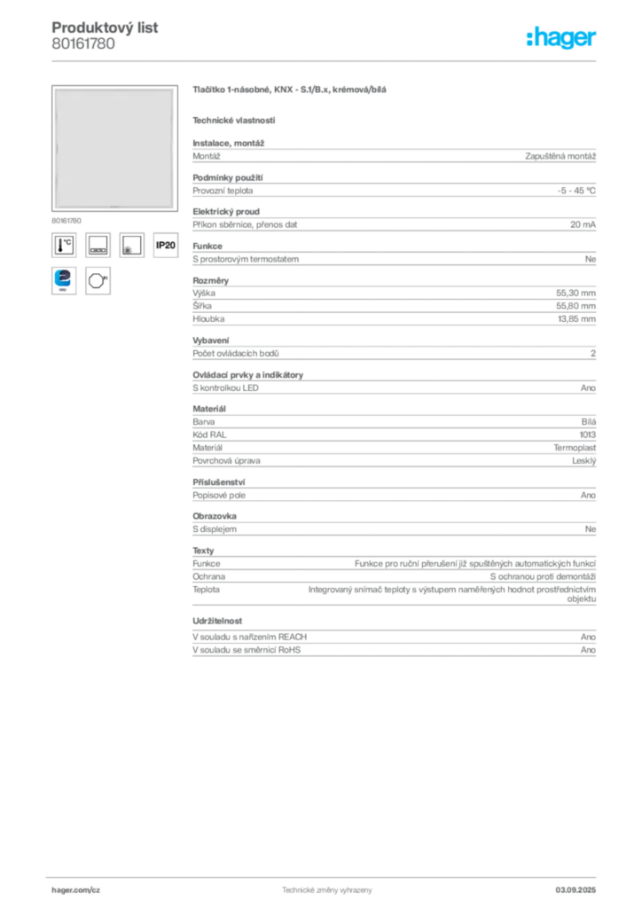 Obrázek Hager Produktový list 80161780 | Hager