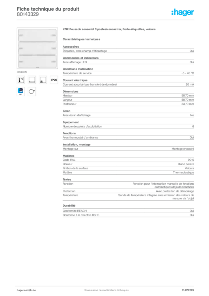 Image Hager Fiche technique du produit 80143329 | Hager Belgique