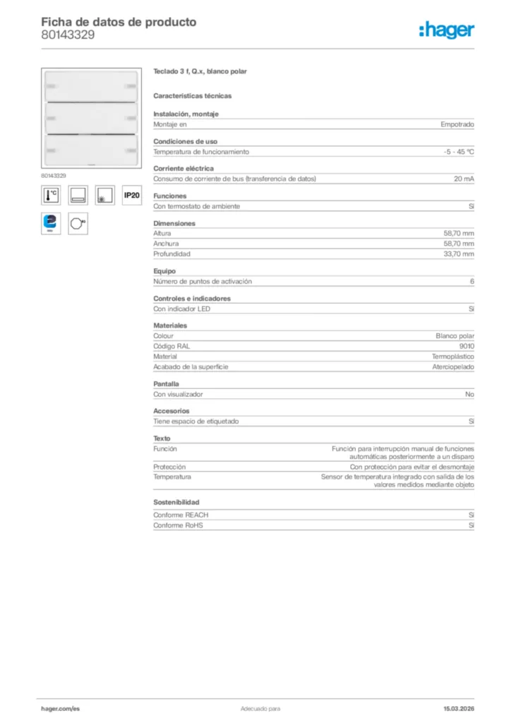 Imagen Hager Ficha de datos de producto 80143329 | Hager España
