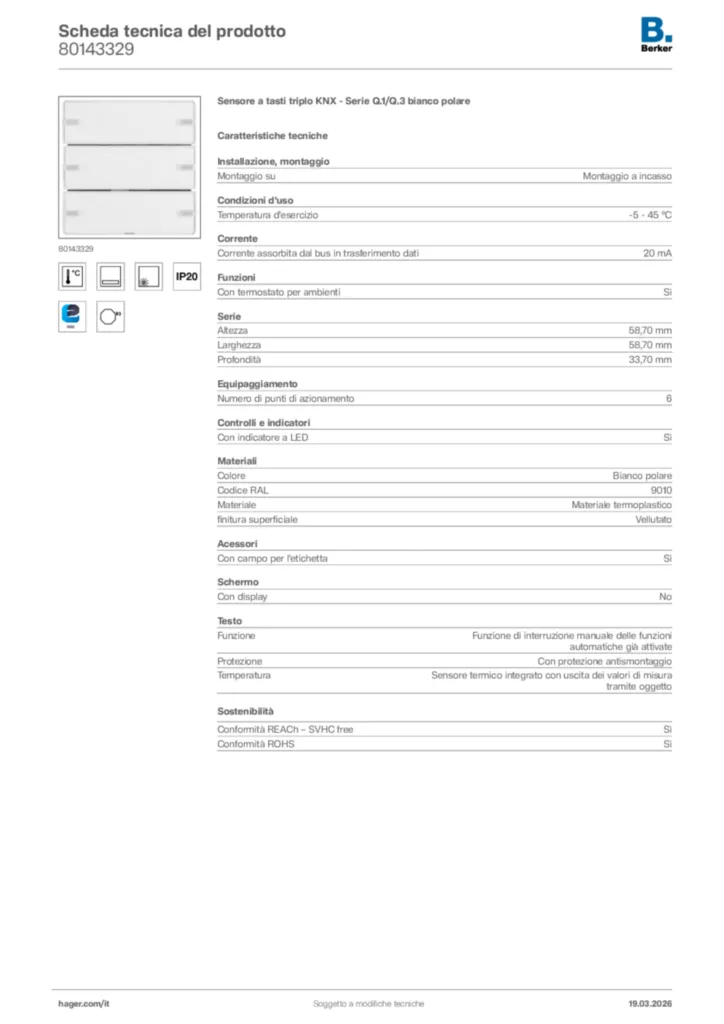 Immagine Berker Scheda tecnica del prodotto 80143329 | Hager Italia