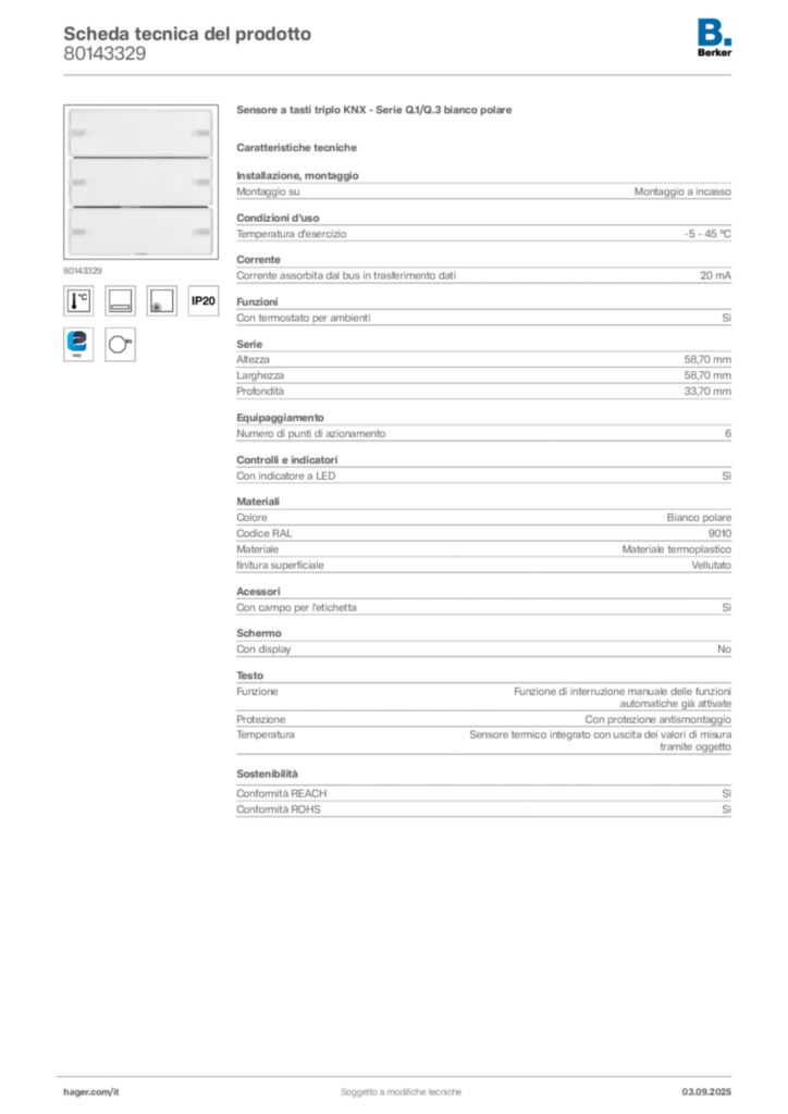 Immagine Berker Scheda tecnica del prodotto 80143329 | Hager Italia