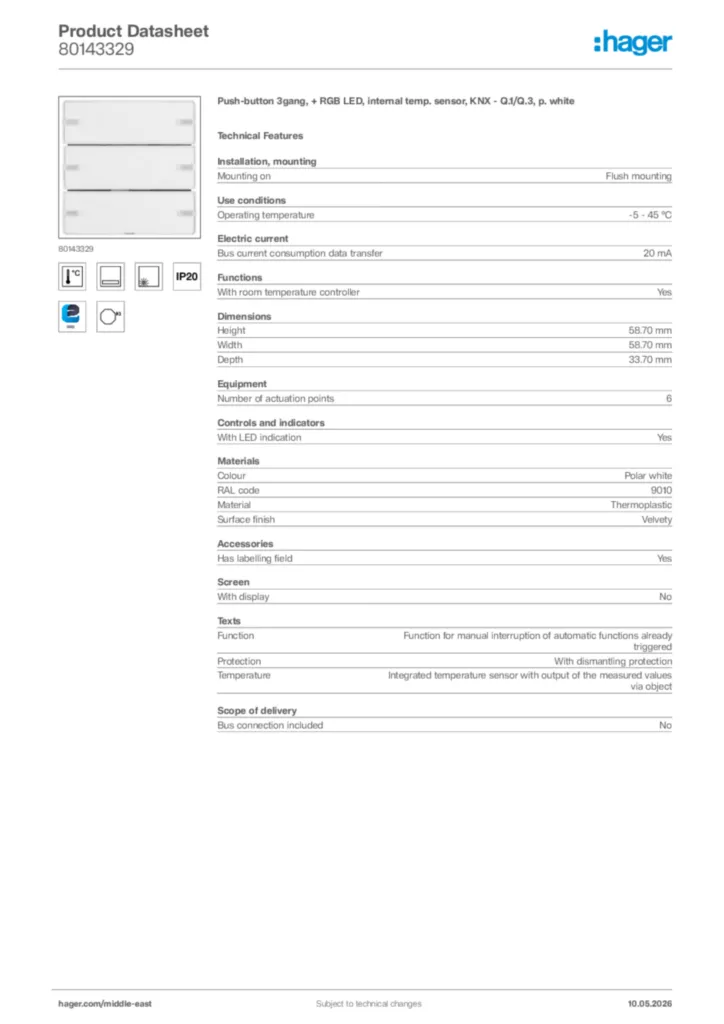 Image Hager Product data sheet 80143329  | Hager