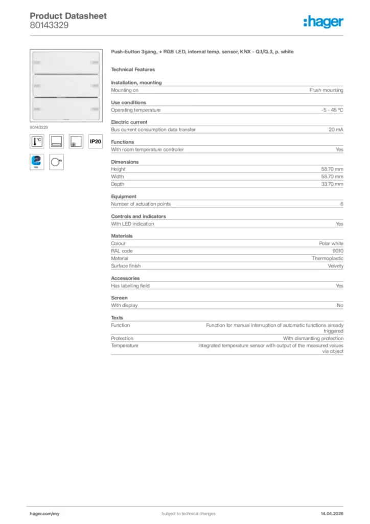 Image Hager Product data sheet 80143329  | Hager