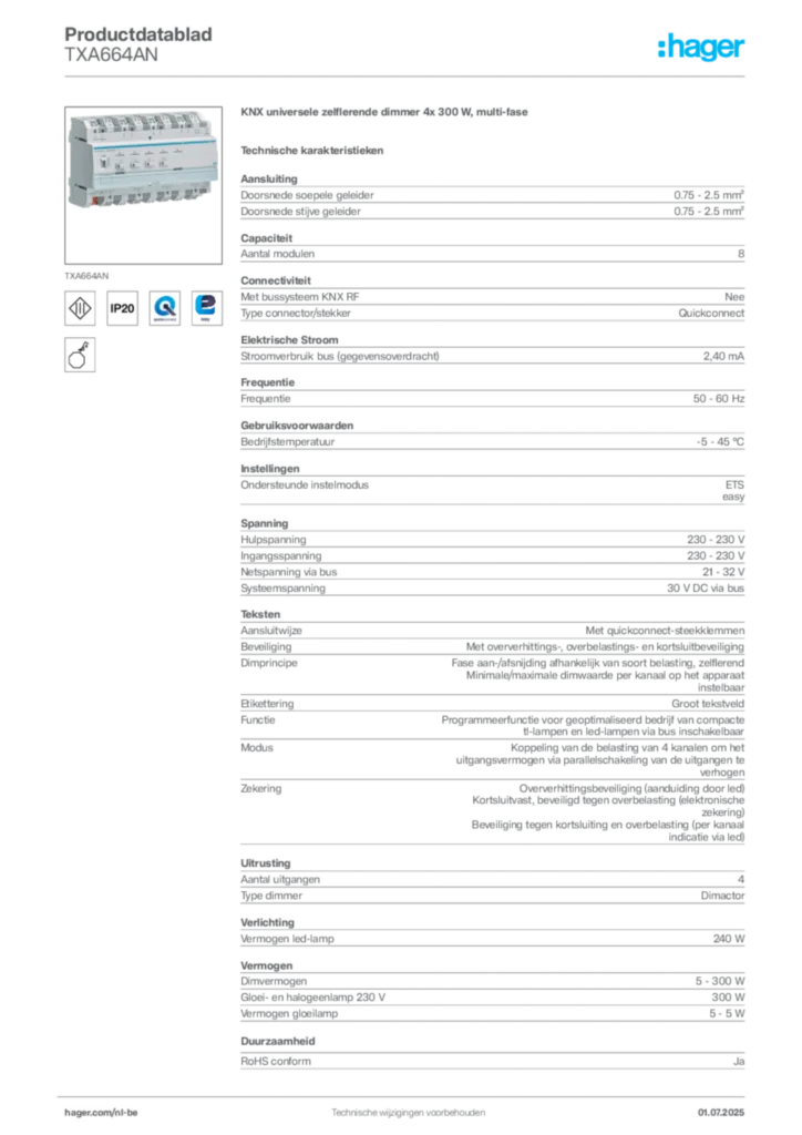 Afbeelding Hager Productdatablad TXA664AN | Hager Belgium