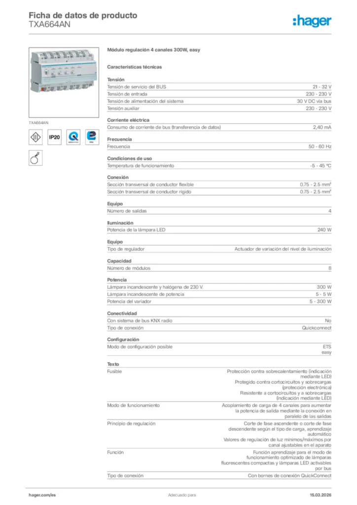 Imagen Hager Ficha de datos de producto TXA664AN | Hager España
