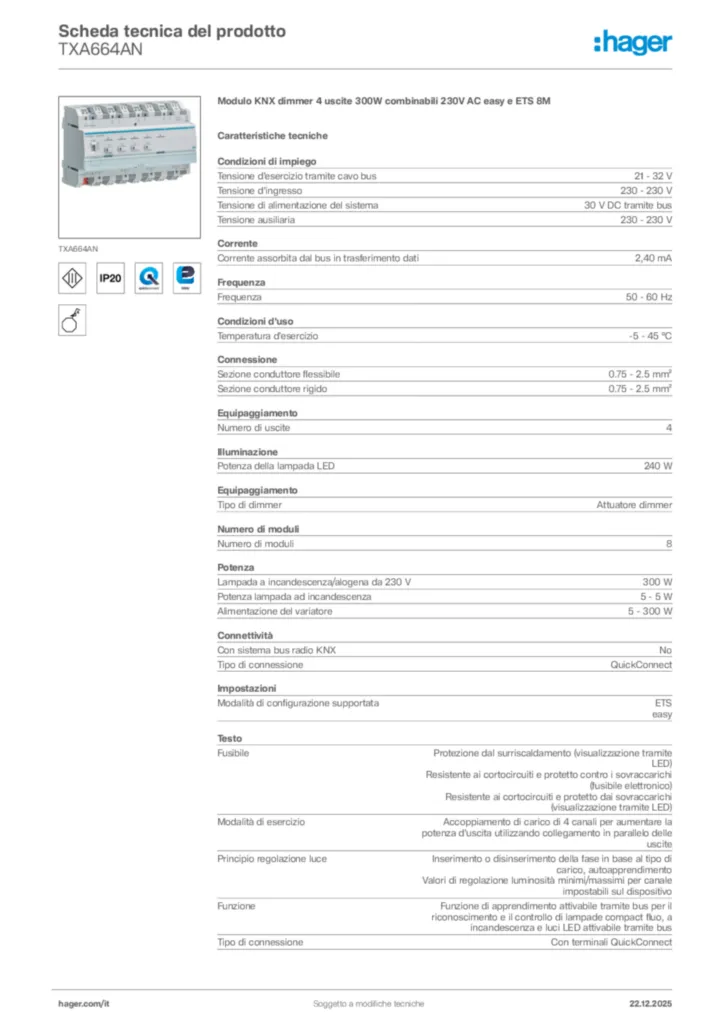 Immagine Hager Scheda tecnica del prodotto TXA664AN | Hager Italia