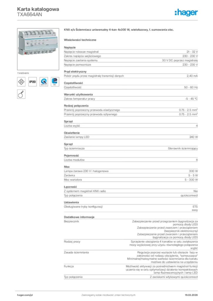 Zdjęcie Hager Karta katalogowa TXA664AN | Hager Polska