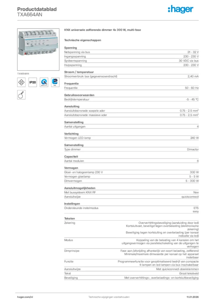 Afbeelding Hager Productdatablad TXA664AN | Hager Nederland