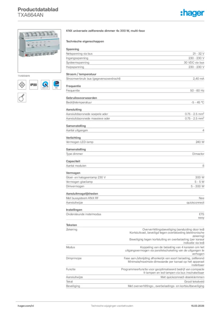 Afbeelding Hager Productdatablad TXA664AN | Hager Nederland