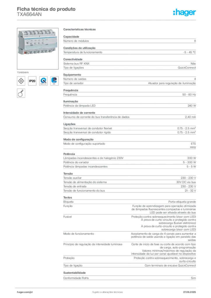 Imagem Hager Ficha técnica do produto TXA664AN | Hager Portugal