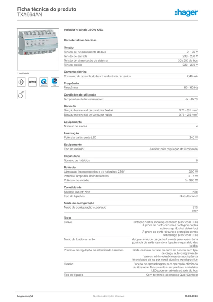 Imagem Hager Ficha técnica do produto TXA664AN | Hager Portugal