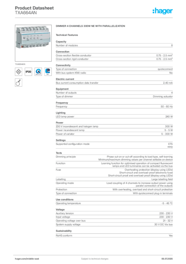 Image Hager Product data sheet TXA664AN  | Hager