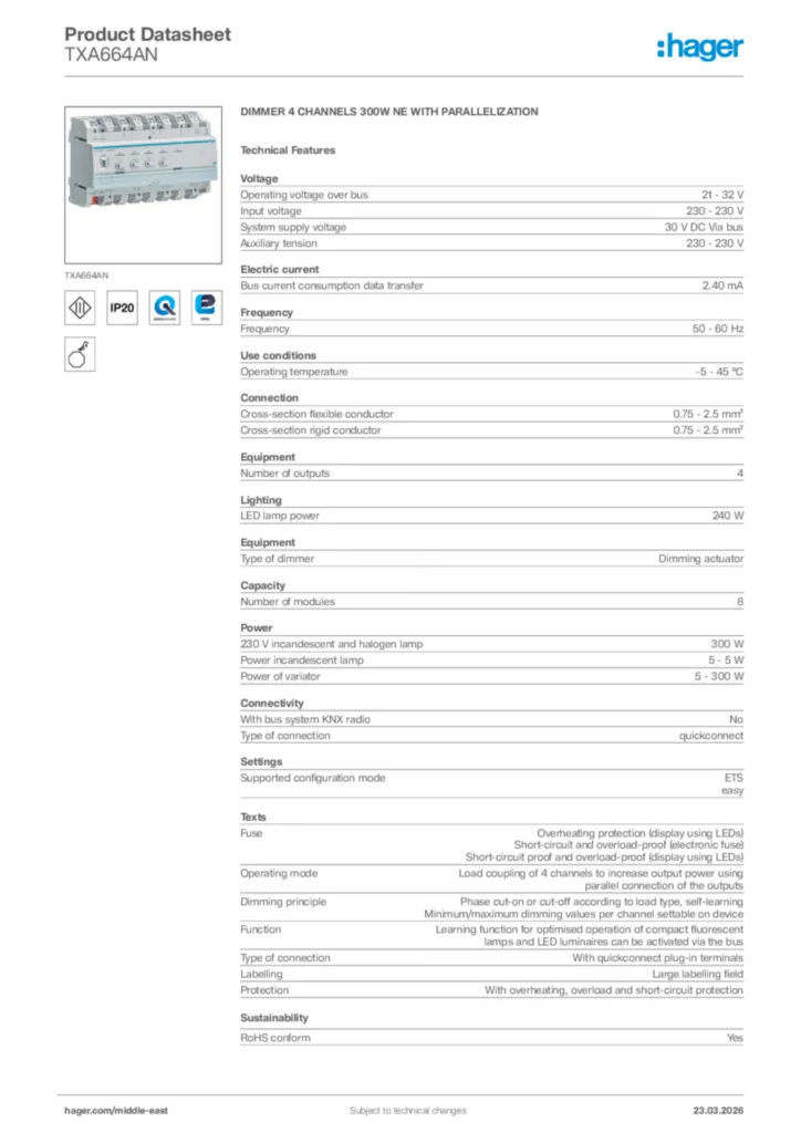 Image Hager Product data sheet TXA664AN  | Hager