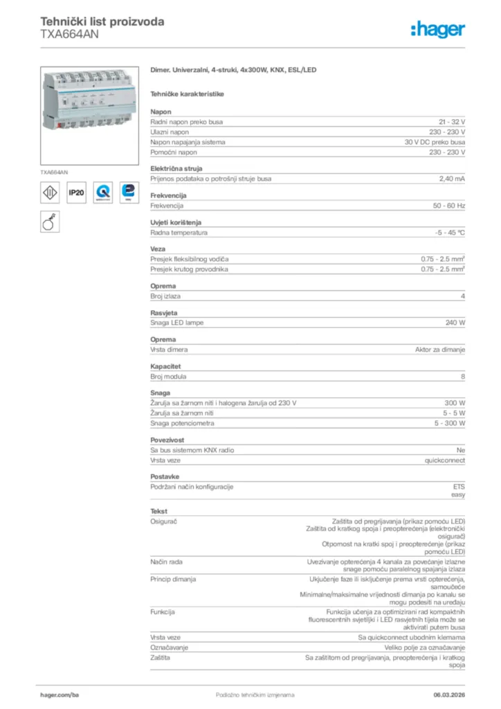 Slika Hager Tehnički list proizvoda TXA664AN  | Hager