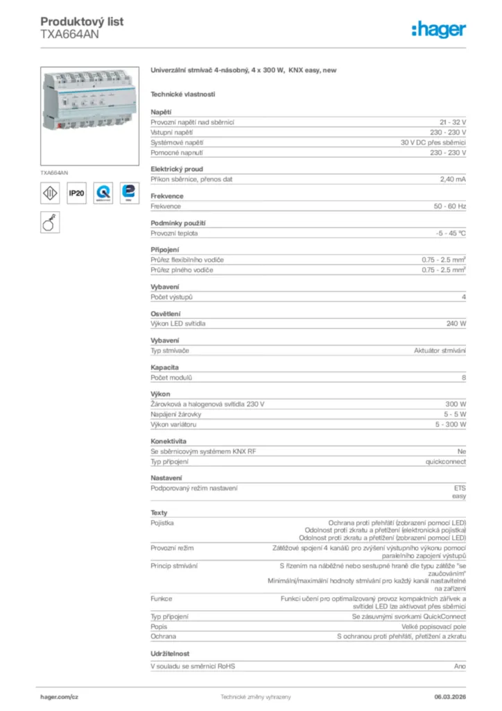 Obrázek Hager Product data sheet TXA664AN | Hager
