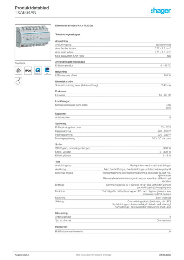 Bild Hager Produktdatablad TXA664AN | Hager Sverige