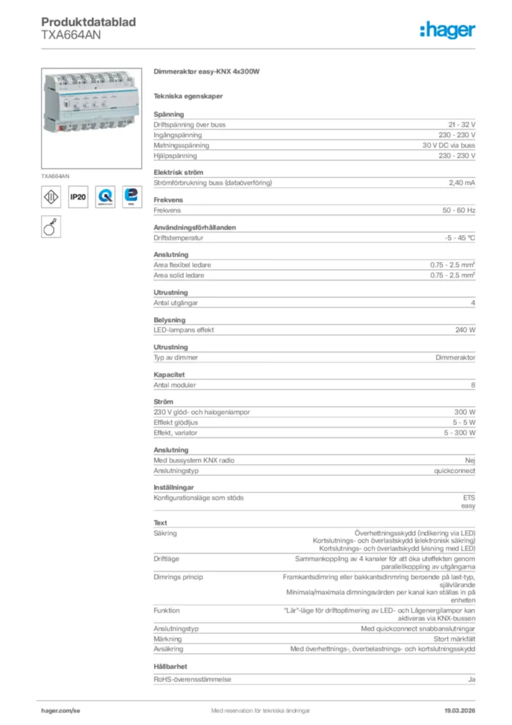 Bild Hager Produktdatablad TXA664AN | Hager Sverige