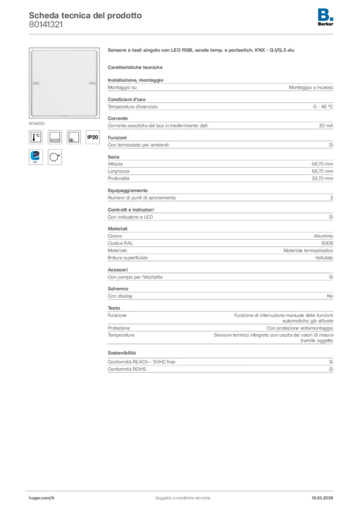 Immagine Berker Scheda tecnica del prodotto 80141321 | Hager Italia