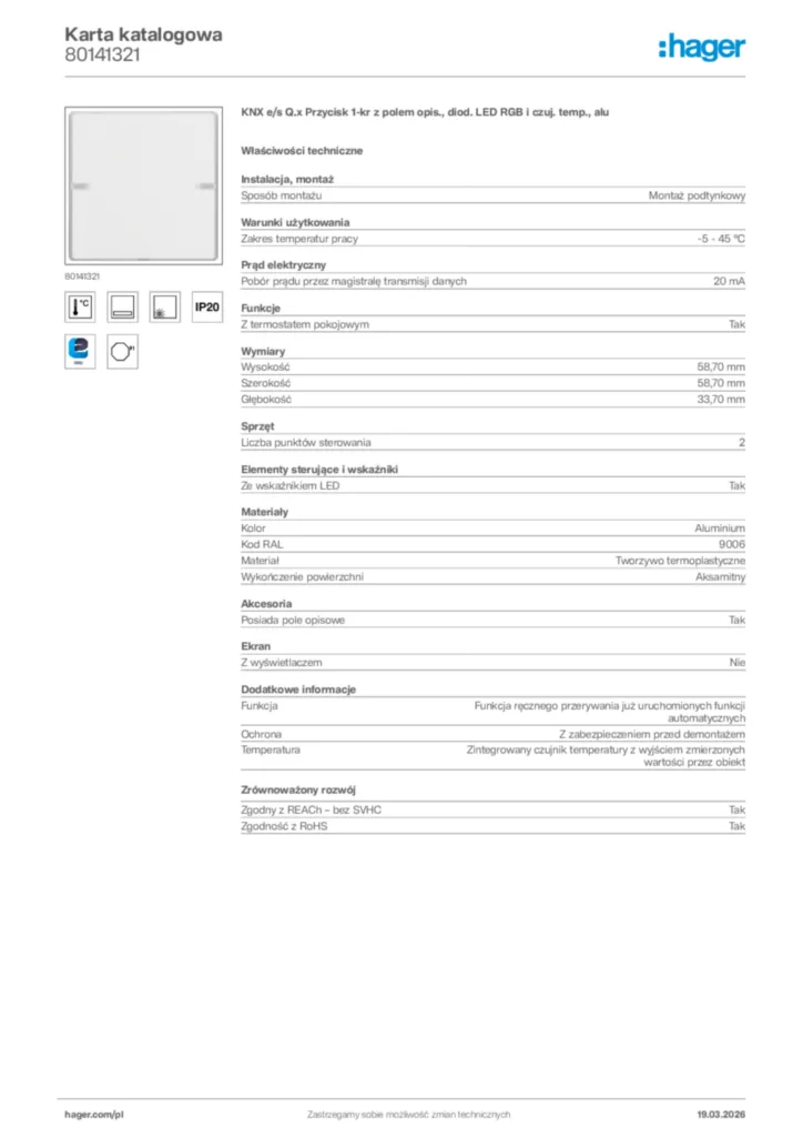 Zdjęcie Hager Karta katalogowa 80141321 | Hager Polska