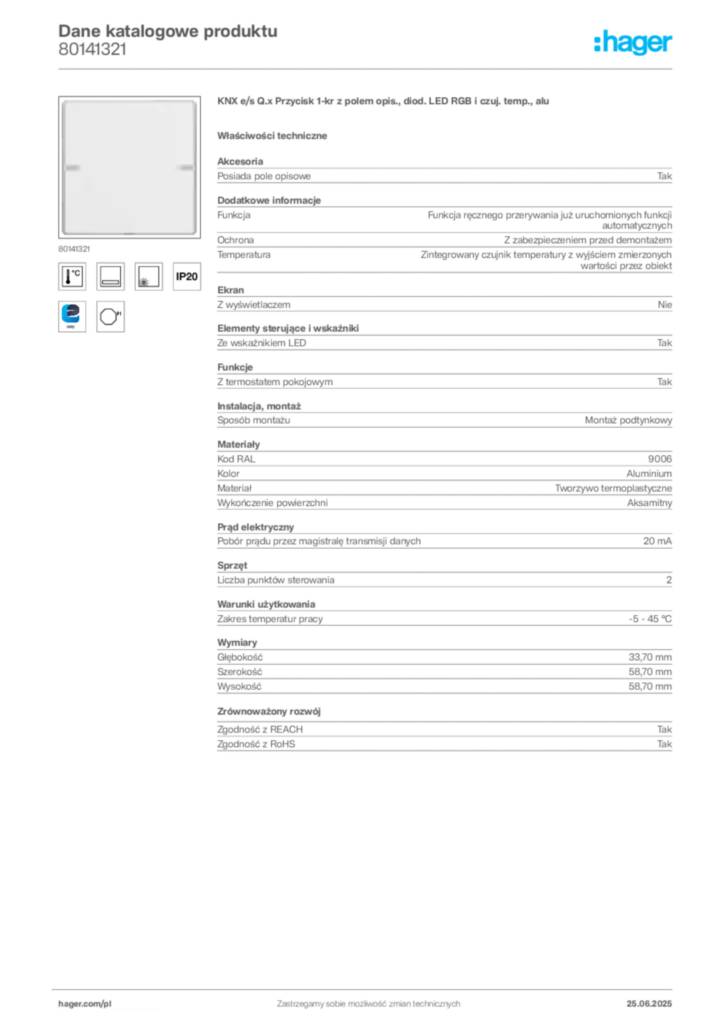 Zdjęcie Hager Dane katalogowe produktu 80141321 | Hager Polska