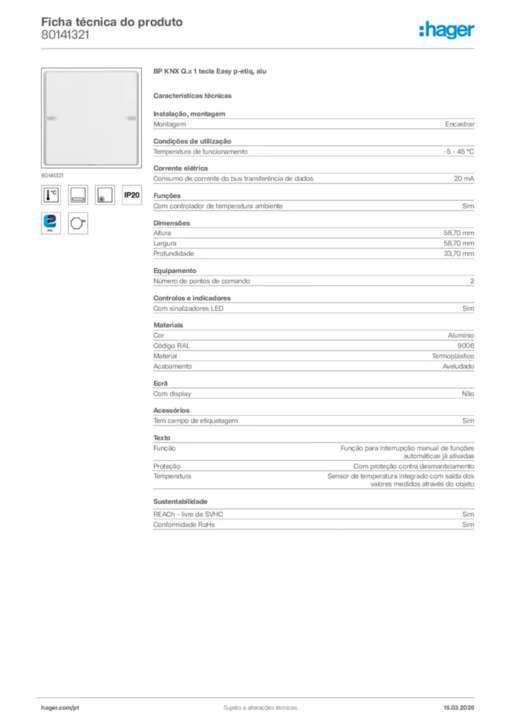 Imagem Hager Ficha técnica do produto 80141321 | Hager Portugal