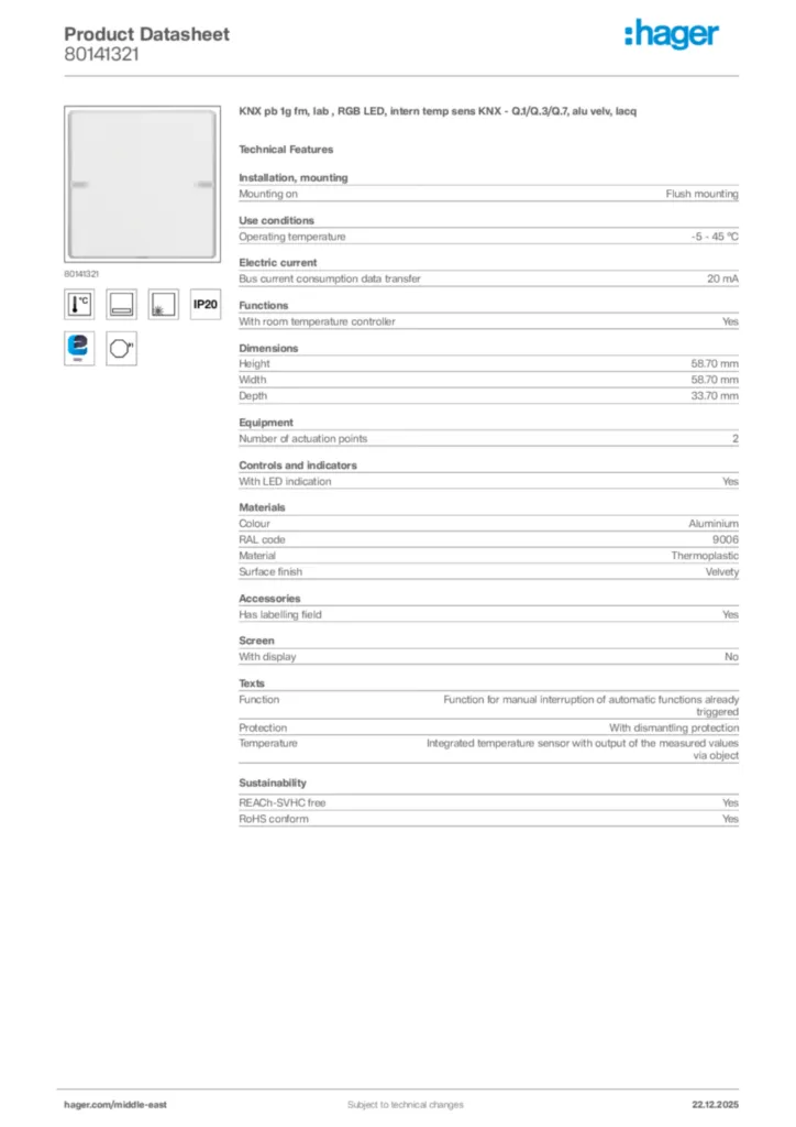 Image Hager Product data sheet 80141321  | Hager