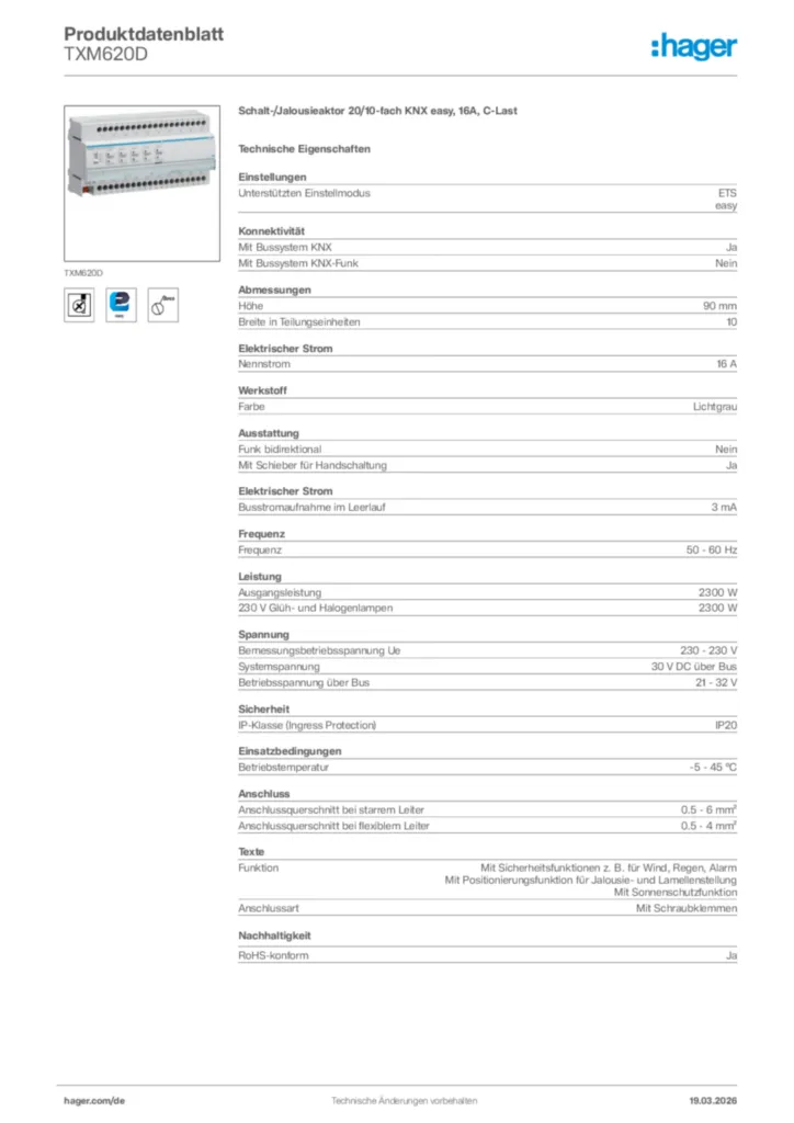 Bild Hager Produktdatenblatt TXM620D | Hager Deutschland