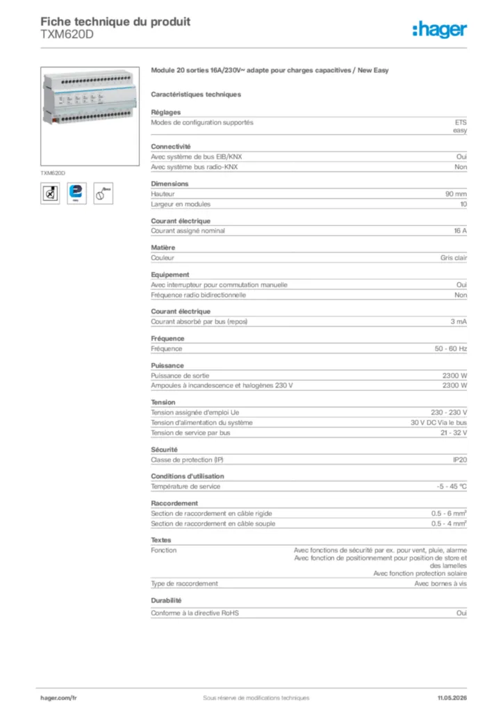 Image Hager Fiche technique du produit TXM620D | Hager France