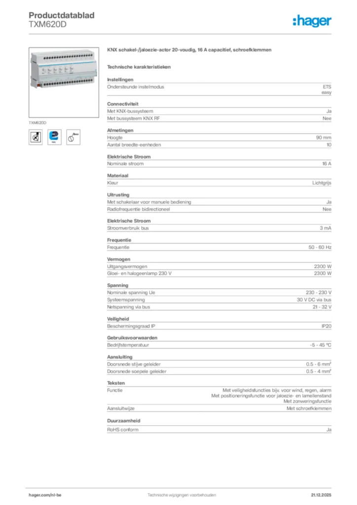 Afbeelding Hager Productdatablad TXM620D | Hager Belgium