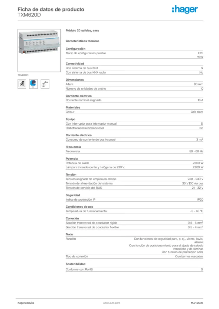 Imagen Hager Ficha de datos de producto TXM620D | Hager España