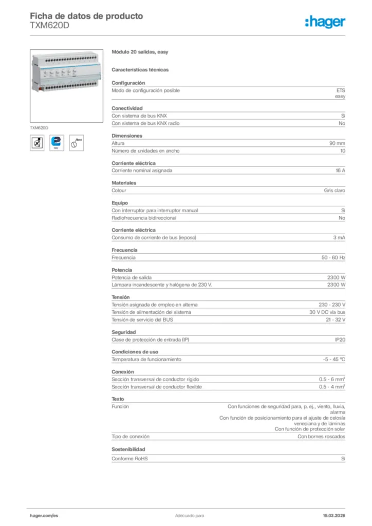 Imagen Hager Ficha de datos de producto TXM620D | Hager España