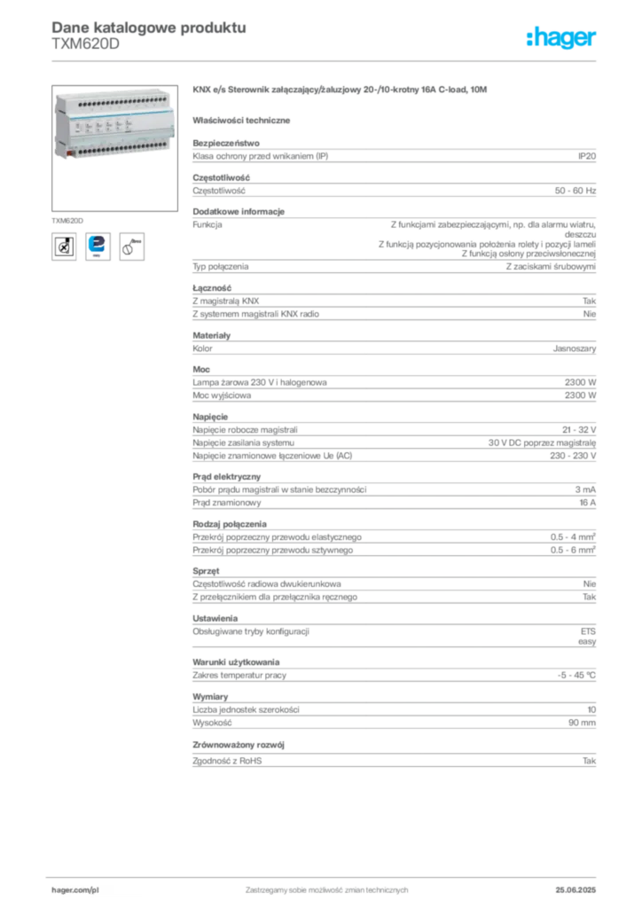 Zdjęcie Hager Dane katalogowe produktu TXM620D | Hager Polska