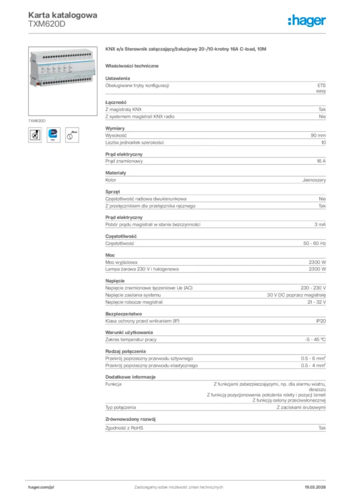 Zdjęcie Hager Karta katalogowa TXM620D | Hager Polska