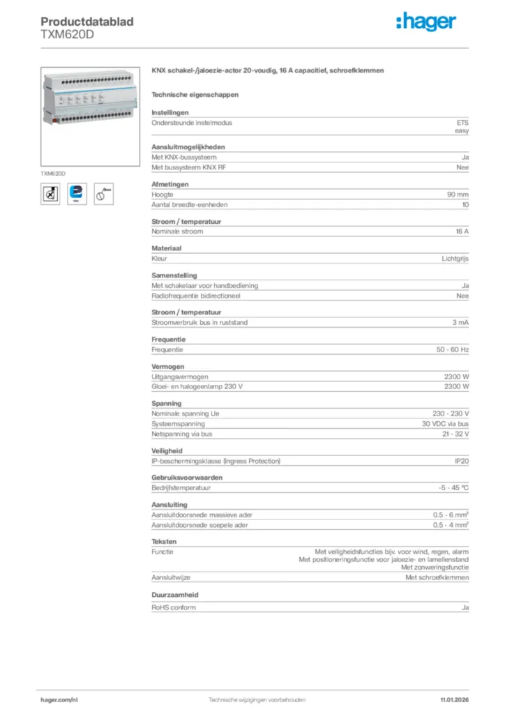 Afbeelding Hager Productdatablad TXM620D | Hager Nederland
