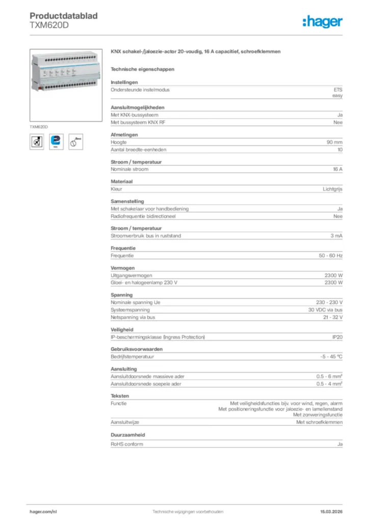 Afbeelding Hager Productdatablad TXM620D | Hager Nederland