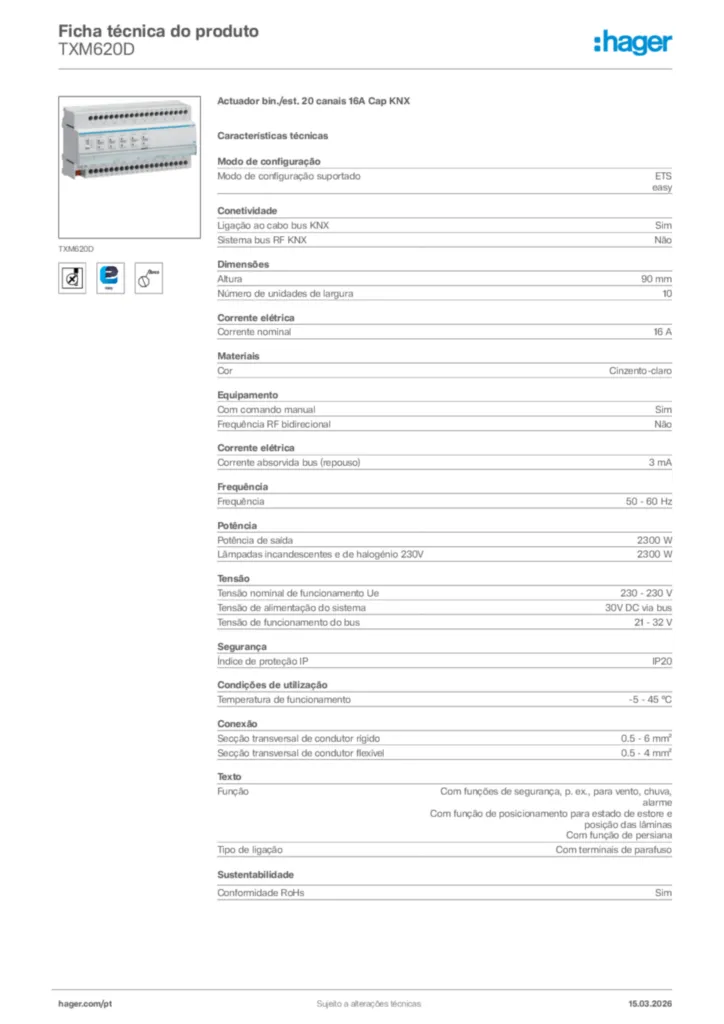 Imagem Hager Ficha técnica do produto TXM620D | Hager Portugal