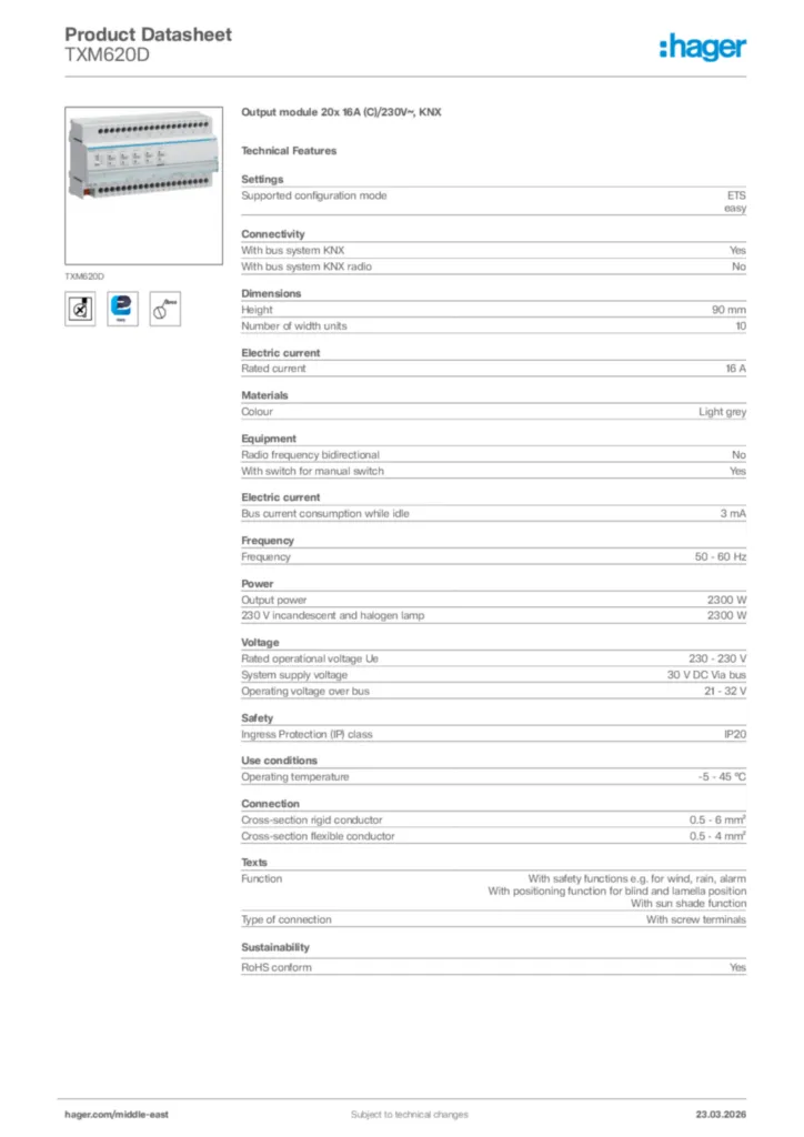 Image Hager Product data sheet TXM620D  | Hager