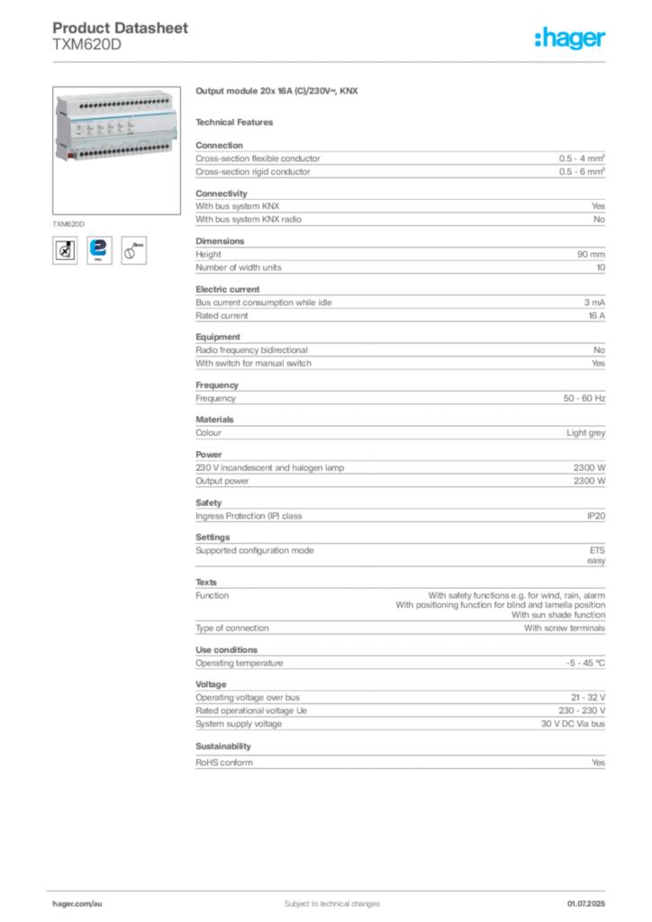 Image Hager Product data sheet TXM620D  | Hager Australia