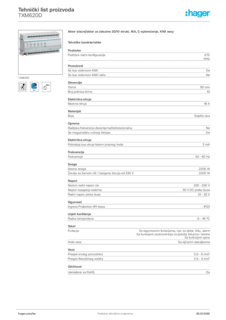 Slika Hager Product data sheet TXM620D  | Hager