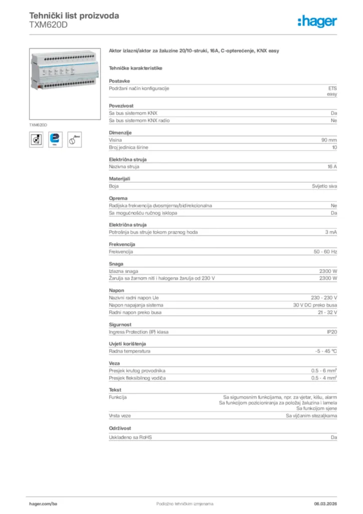 Slika Hager Tehnički list proizvoda TXM620D  | Hager